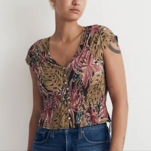 NWOT Shirred Cap-Sleeve Top In Brushstroke Monstera (Coffee) - Madewell